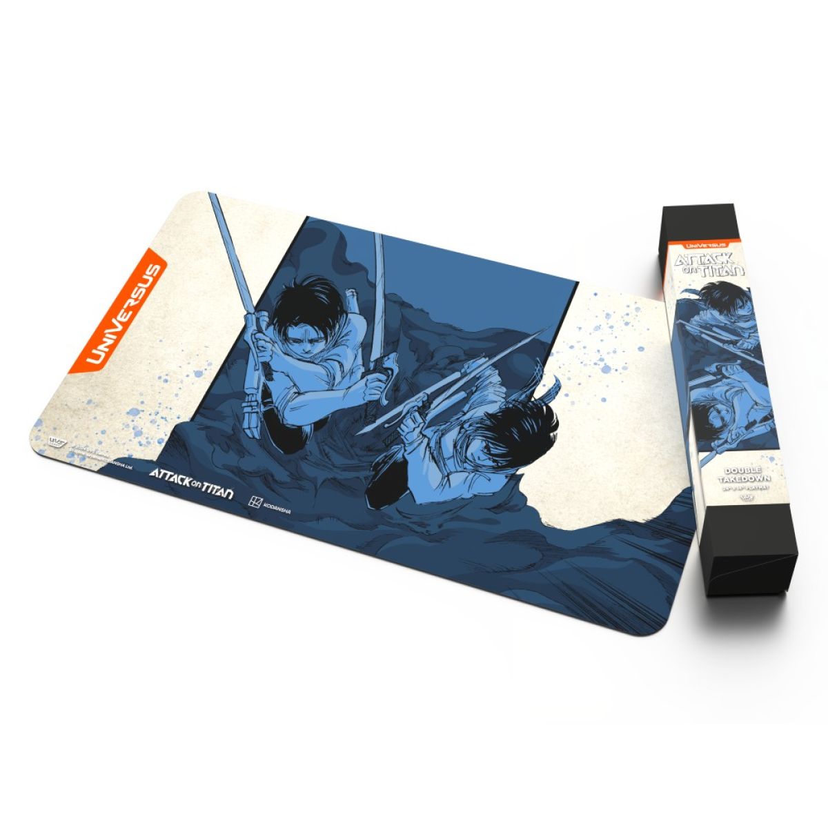 Attack on Titan playmat featuring two characters in combat poses wielding swords, beside a tall matching product box