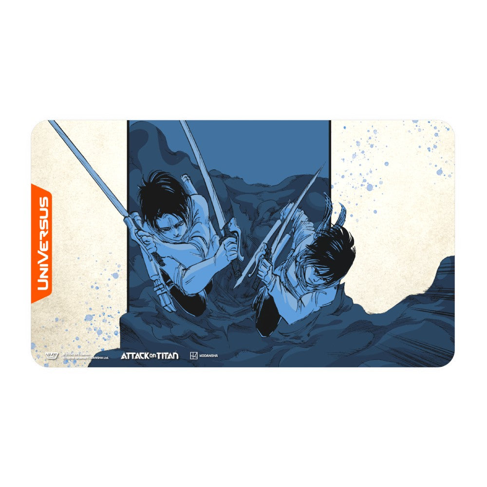 Two Attack on Titan anime characters wielding swords in dynamic action against a dark, turbulent background and UniverSUS artwork