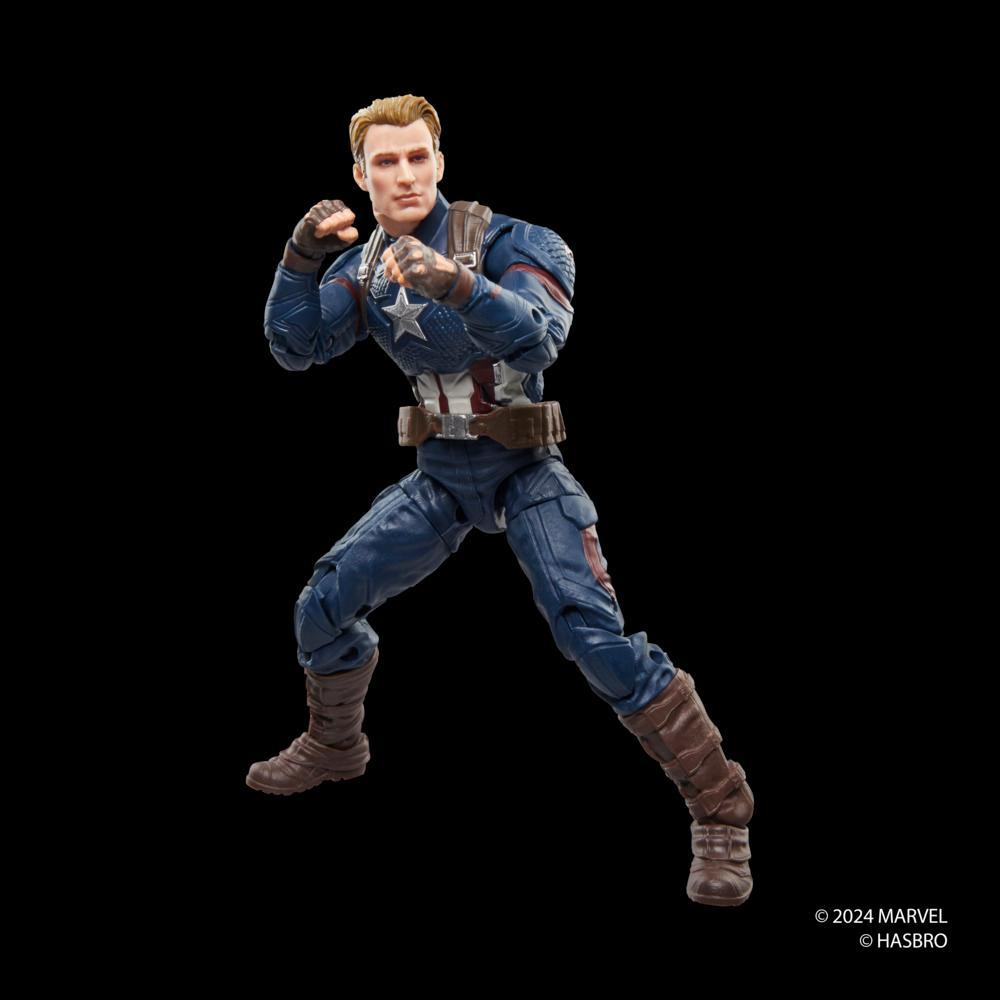 A Marvel Legends Series Captain America action figure stands in a dynamic fighting pose with clenched fists and a determined expression