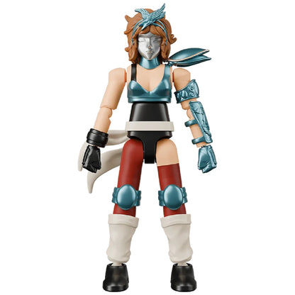 Articulated female action figure in teal armor, red leggings, and a silver metallic mask