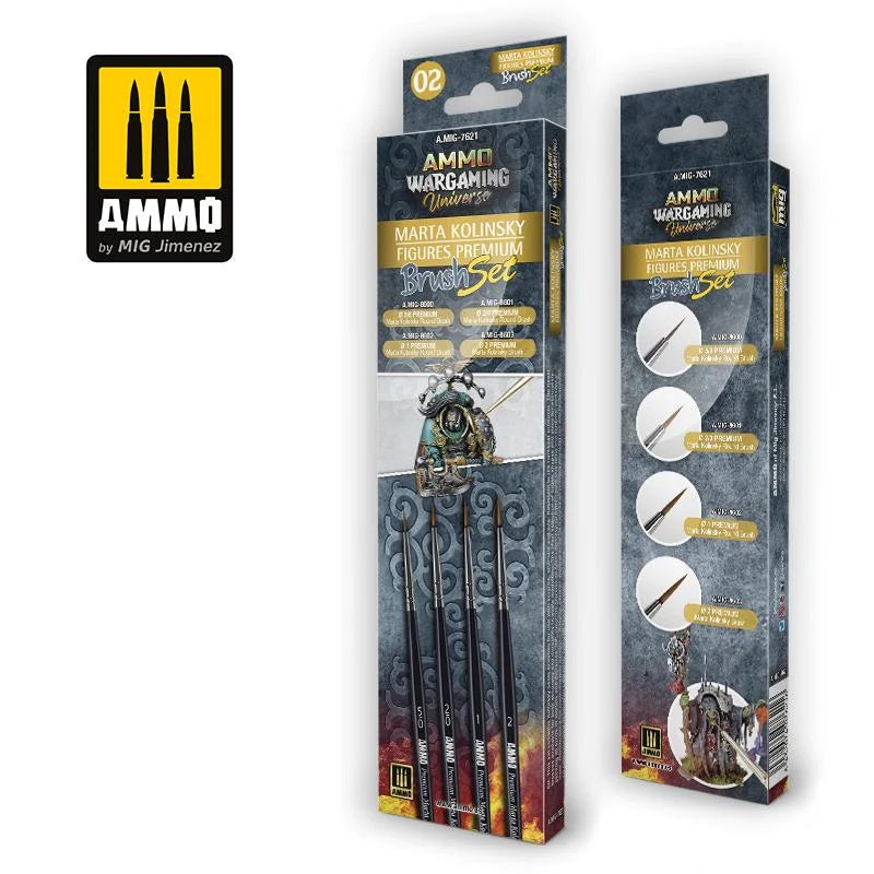 AMMO by MIG Jimenez Wargaming Universe Marta Kolinsky Figures Premium Brush Set with four fine-tipped brushes and painted miniature figure display