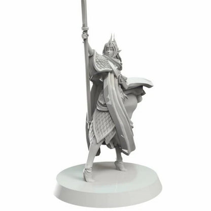 An unpainted gray miniature of an armored elf-like figure holding a staff upright