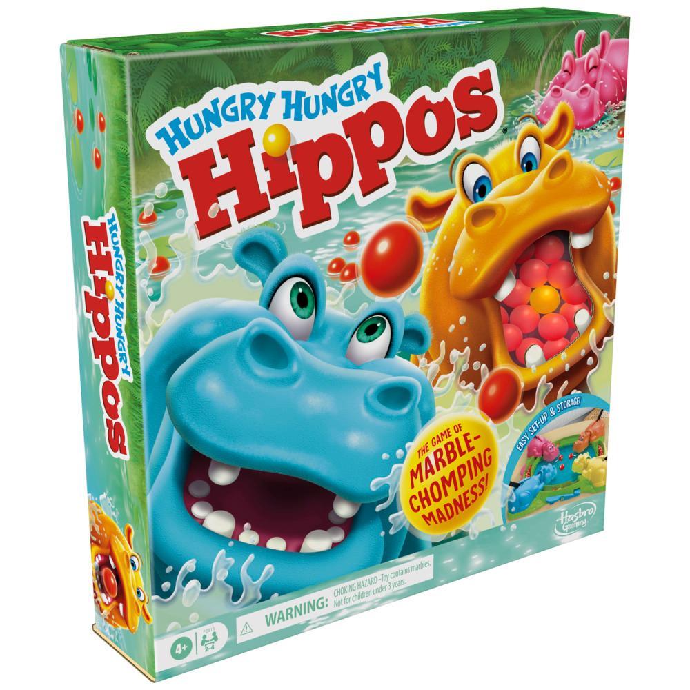 Hungry Hungry Hippos game box: Blue and yellow cartoon hippos with wide open mouths, chomping at red marbles
