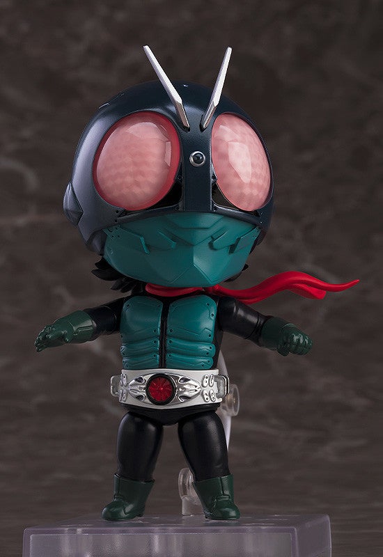 Rear view of Nendoroid Kamen Rider showing details of the helmet and scarf