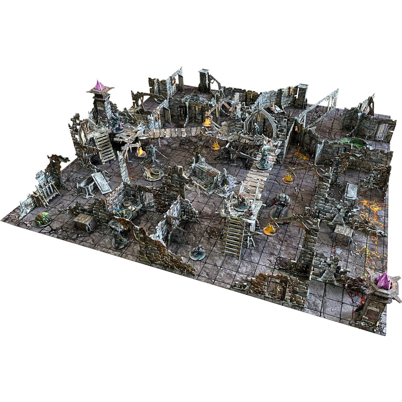A detailed modular tabletop RPG dungeon terrain, featuring ruins, bridges, stairs, and fantasy miniatures with glowing effects.