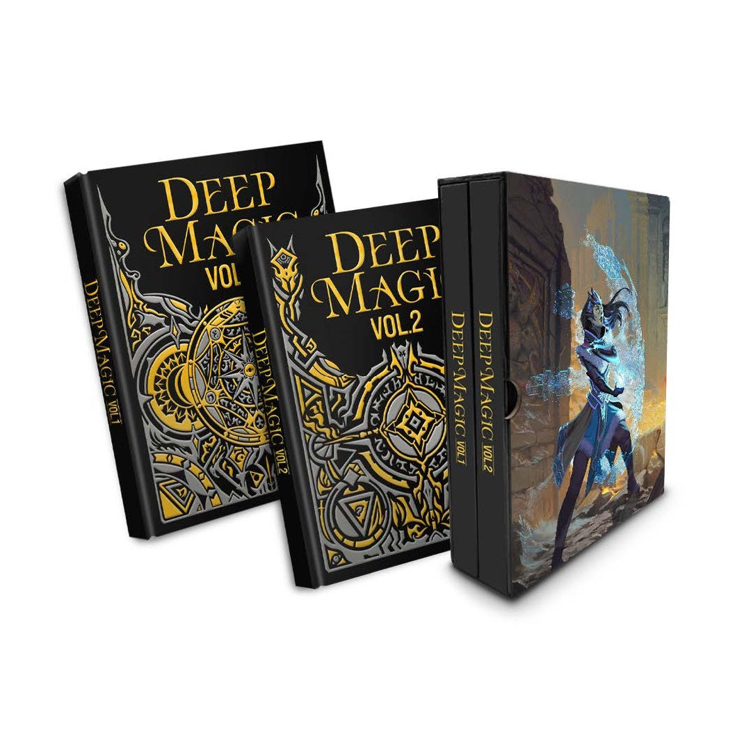 Two Deep Magic books, Vol 1 and 2, with black and gold covers, next to their slipcase featuring a magic user casting a spell