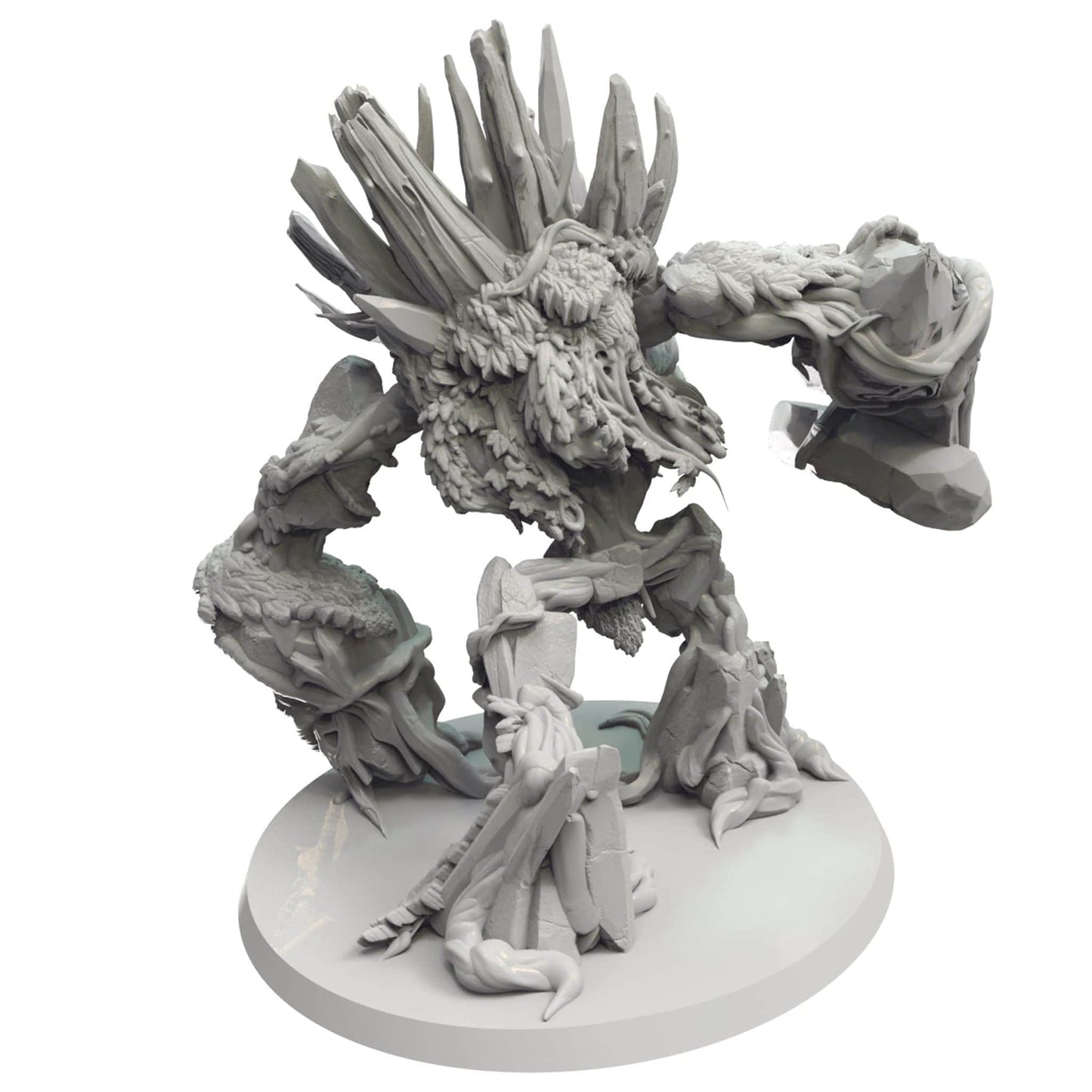 A grey miniature of a forest monster, composed of bark, leaves, and jagged rock, with sharp spikes and a raised arm.