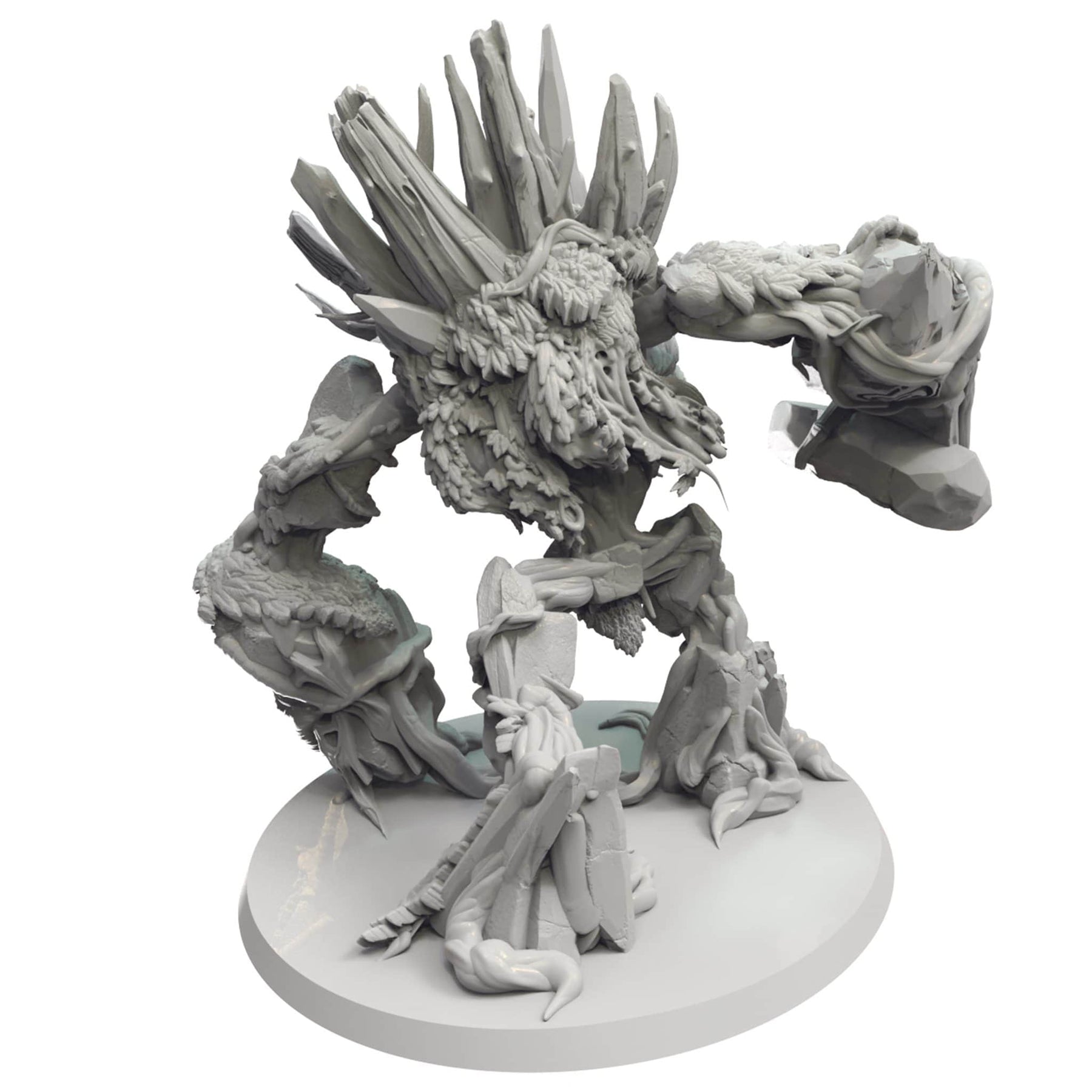 A grey miniature of a forest monster, composed of bark, leaves, and jagged rock, with sharp spikes and a raised arm.