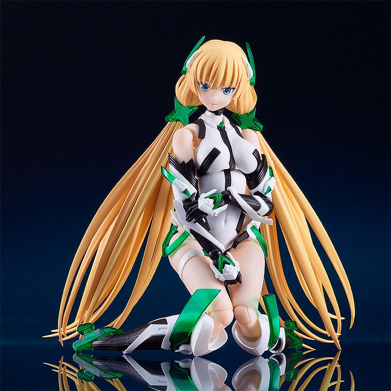 Blonde anime action figure with green and white armored swimsuit in a kneeling pose