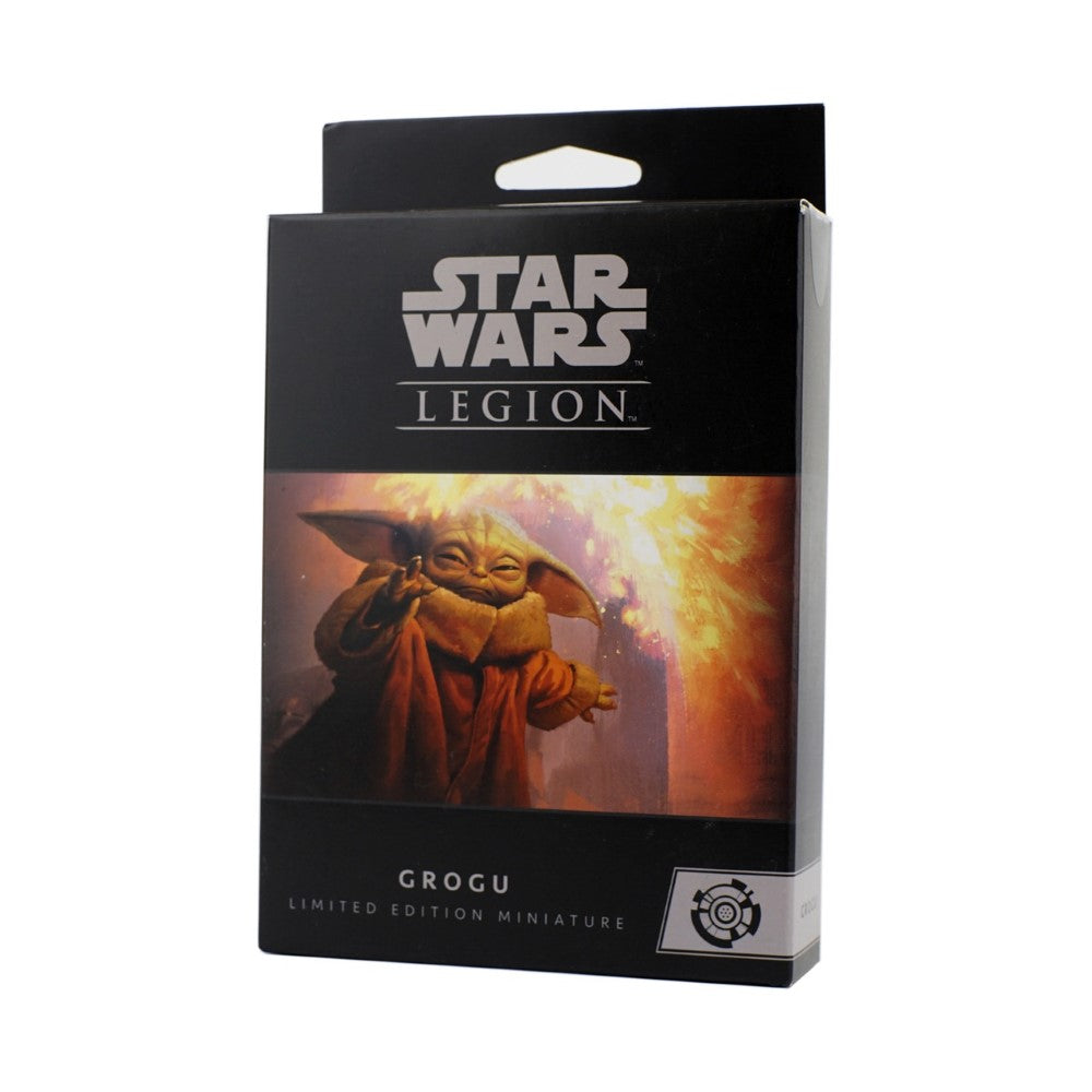 A Star Wars Legion Grogu Limited Edition Miniature box. Grogu uses the Force against a fiery orange background