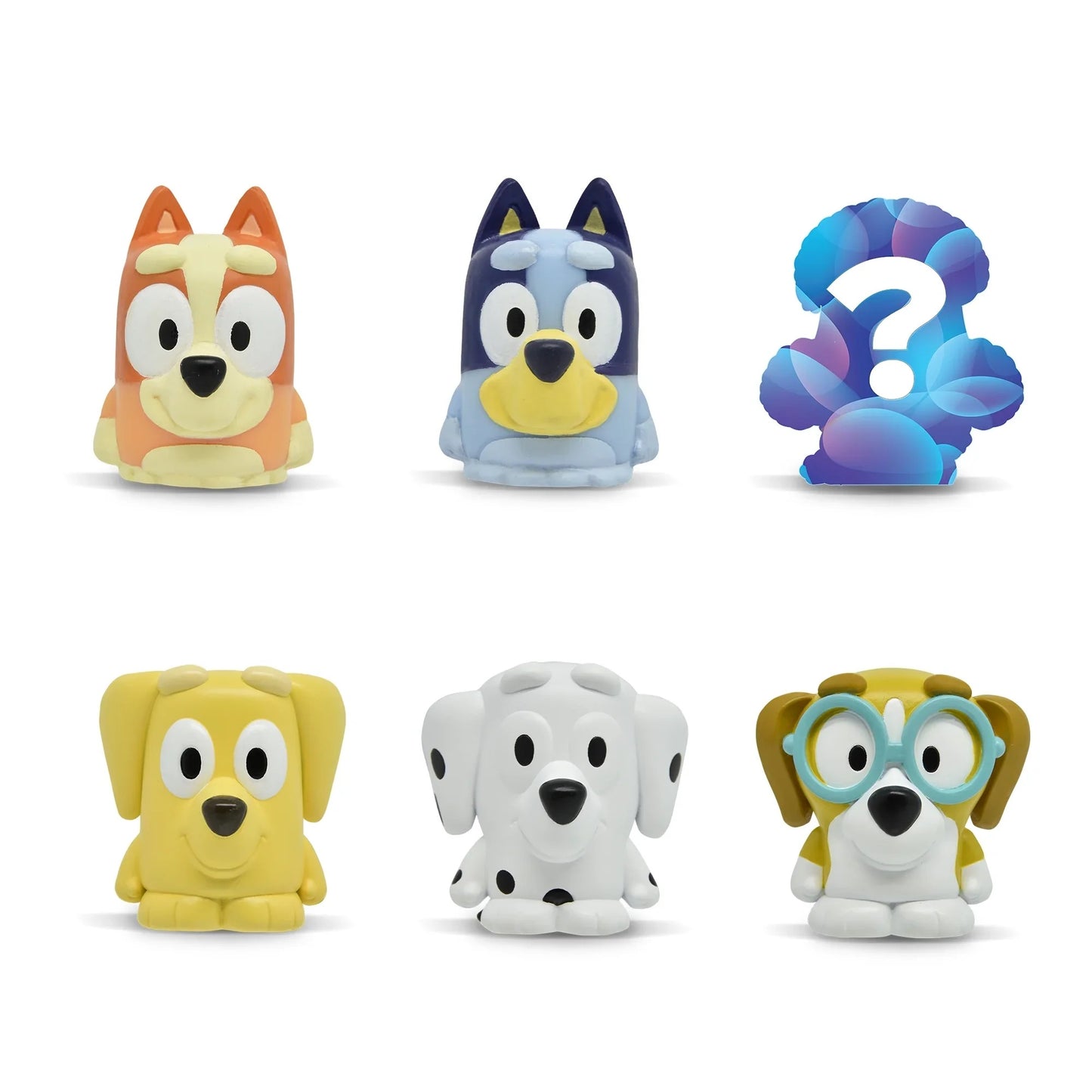 Five collectible Bluey mini-figures (Bluey, Bingo, friends) displayed with a purple mystery silhouette with a question mark