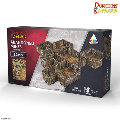 A Dungeons & Lasers Abandoned Mines 54-piece pre-painted modular terrain box displays a mine layout