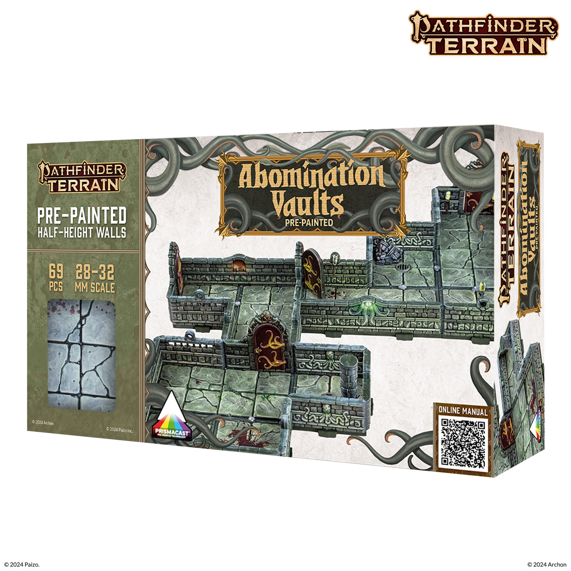 A box for Pathfinder Terrain: Abomination Vaults, showing a pre-painted dungeon terrain layout with stone walls, floors, and occult details