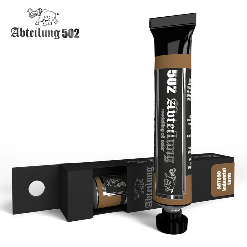 AK Interactive Abteilung 502 modelling oil paint 20ml tube displayed upright next to its open black product box revealing another tube inside featuring the brand's elephant logo