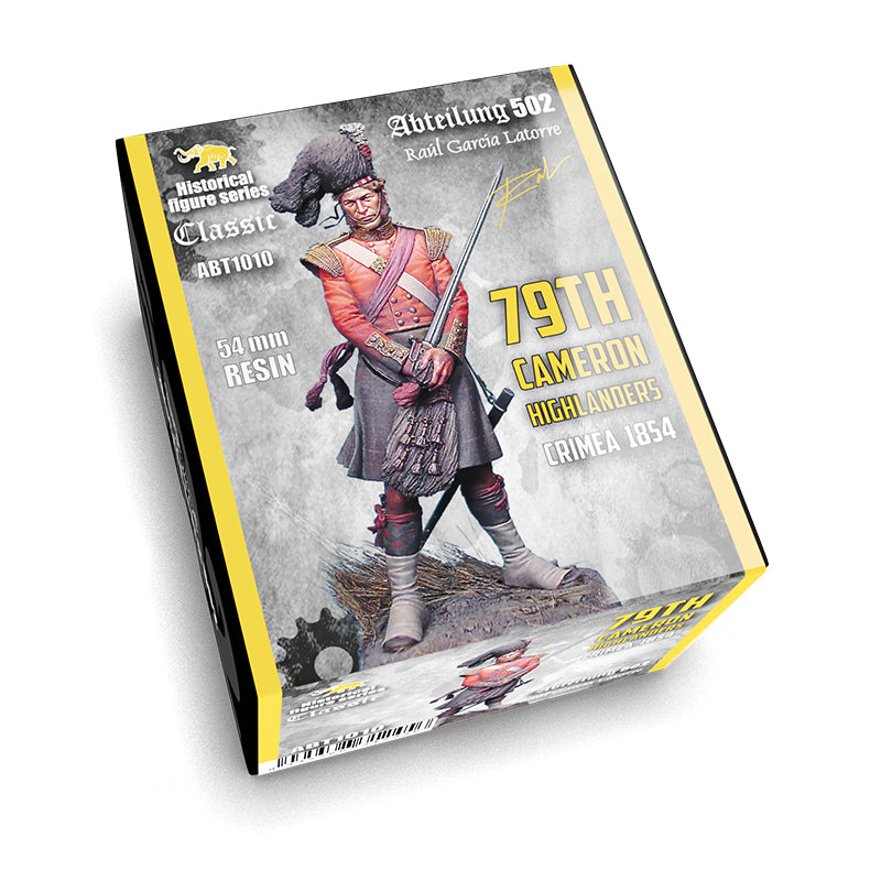 Box for a 54mm resin figure kit showing a 79th Cameron Highlander from Crimea 1854 in a red jacket and kilt, holding a sword