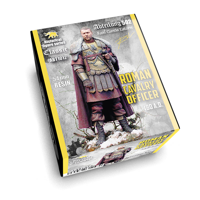 Model kit box showing a Roman Cavalry Officer in ornate armor, a fur-trimmed cloak, standing on a snowy base