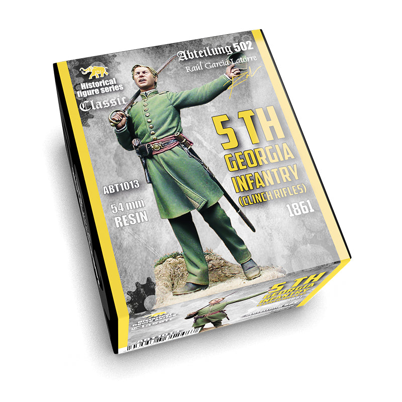 Box for a 5th Georgia Infantry Clinch Rifles 1861 figure kit showing a soldier in green holding a saber and pointing