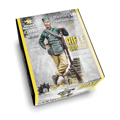 A product box for the Rifle Brigade Sevastopol 1855 Figure 54mm ABT1015, depicting a historical soldier in uniform holding a rifle