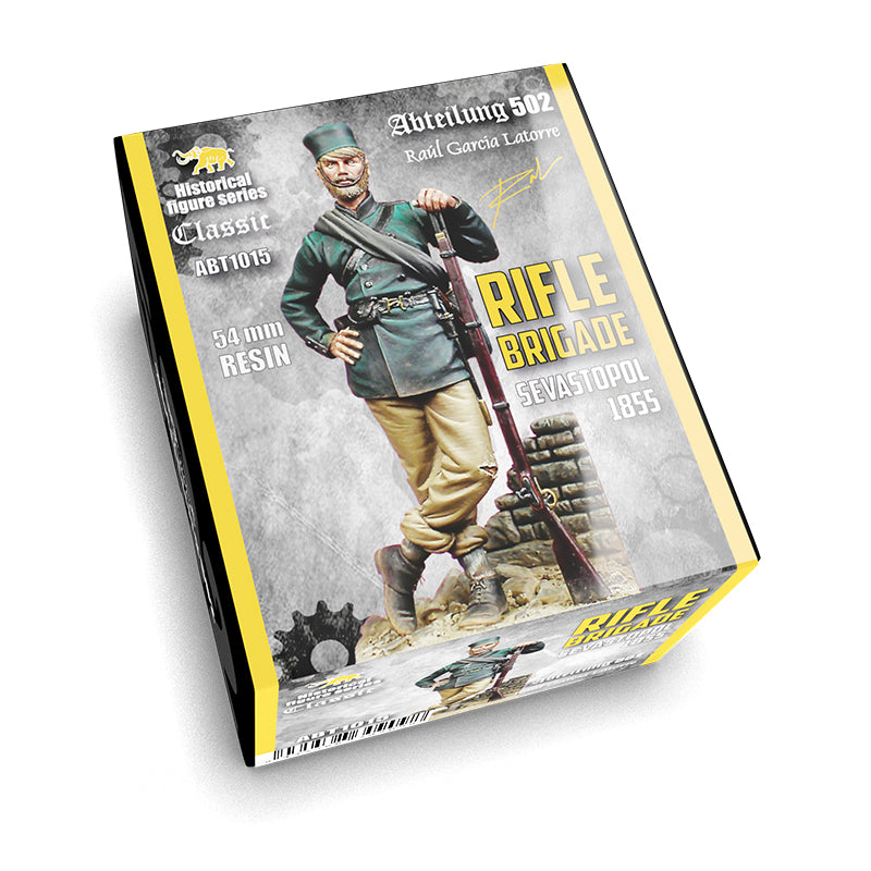 A product box for the Rifle Brigade Sevastopol 1855 Figure 54mm ABT1015, depicting a historical soldier in uniform holding a rifle