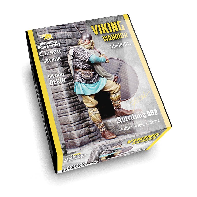 Box for a Viking Warrior 9th-10th C figure, showing a warrior in a helmet, chainmail, sword, and shield against a stone wall