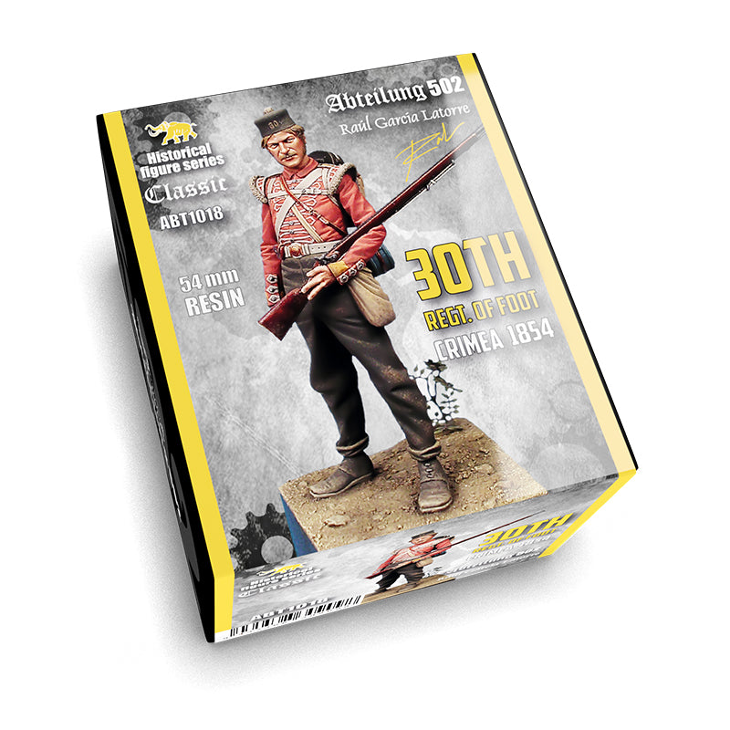 Box for a 30th Regt of Foot Crimea 1854 Figure, featuring a detailed resin soldier in a red coat holding a rifle on a terrain base