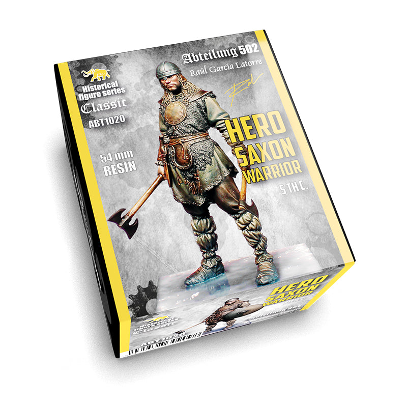 Product box for a 'Hero Saxon Warrior' 54mm resin model, featuring an armored warrior with a helmet and axe