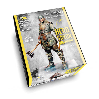 Product box for a 'Hero Saxon Warrior' 54mm resin model, featuring an armored warrior with a helmet and axe