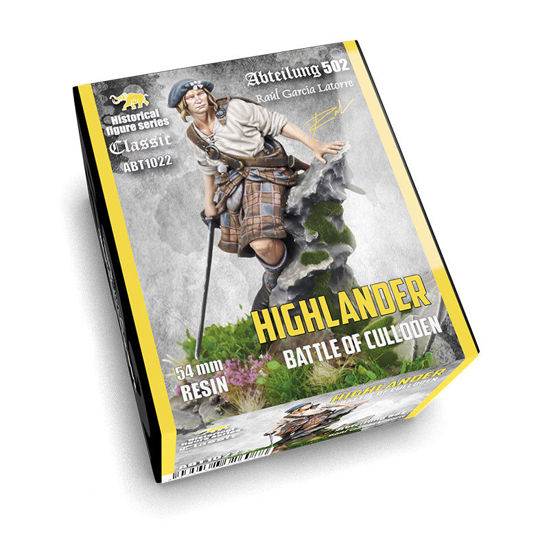 An angled box featuring the Highlander Battle of Culloden Figure, a detailed model of a man in a kilt climbing mossy rocks with a sword