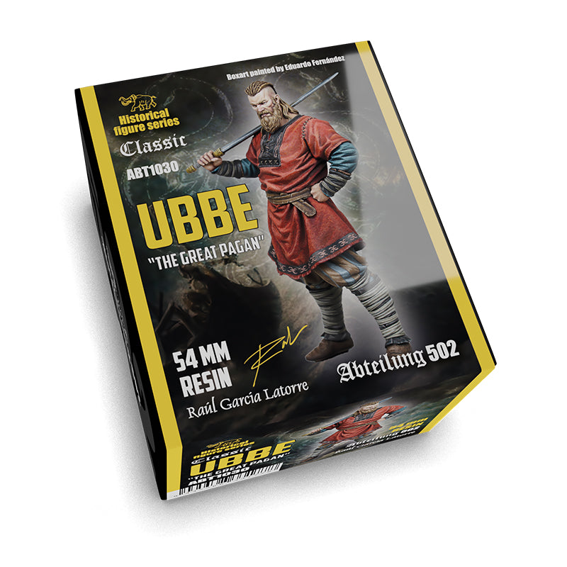 The box for Ubbe The Great Pagan Figure 54mm (ABT1030) features a bearded Viking warrior in a red tunic holding a sword over his shoulder