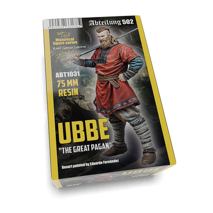 A box for Ubbe The Great Pagan 75mm resin figure displays a powerful bearded man in a red tunic holding a sword against a dark background
