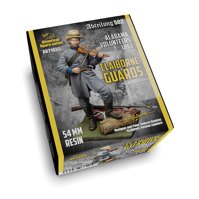 A product box for a historical figure, showing a 54mm resin miniature of a Claiborne Guards Alabama Volunteers soldier from 1861 playing a violin