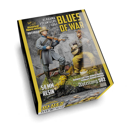 The box for the Blues Of War Alabama Volunteers 1861 Figure 54mm model kit featuring two Civil War era men, one playing a fiddle and the other a banjo