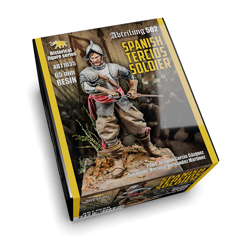 An angled product box displays a painted model of a Spanish Tercios Soldier Figure in full armor holding a sword on a textured base