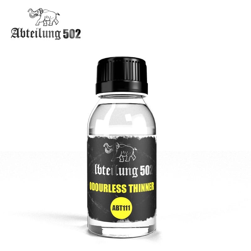 Abteilung 502 odorless thinner in a clear plastic bottle with a black screw cap featuring an elephant logo and ABT111 on the black label ideal for model painting and hobby applications