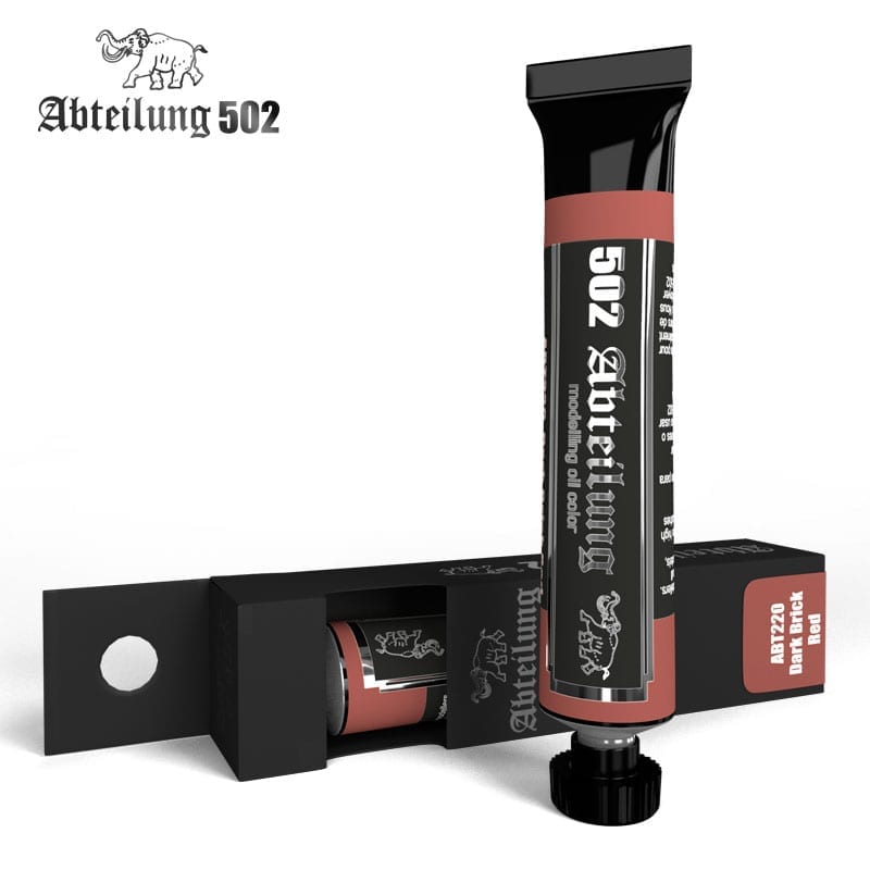 AK Interactive Abteilung 502 modelling oil paint 20ml tube displayed upright next to its open black product box revealing another tube inside featuring the brand's elephant logo