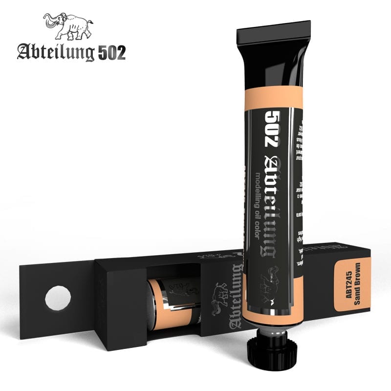 AK Interactive Abteilung 502 modelling oil paint 20ml tube displayed upright next to its open black product box revealing another tube inside featuring the brand's elephant logo