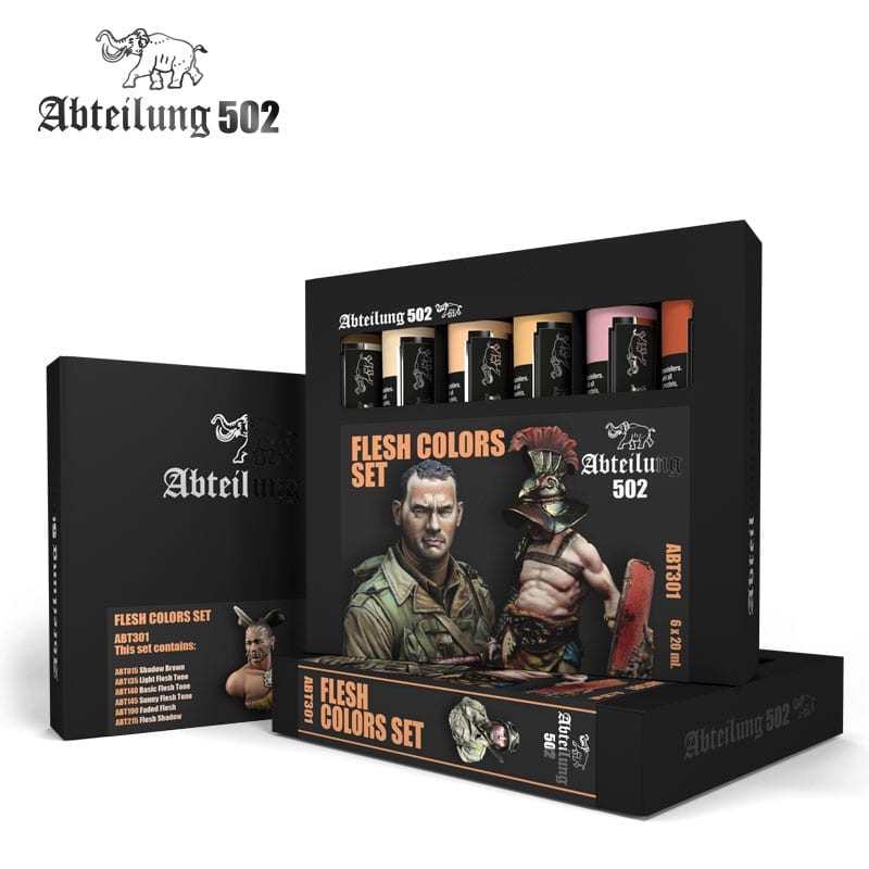 Abteilung 502 ABT301 Flesh Colors Set for miniature painting featuring six 20ml bottles of acrylic paints designed for realistic skin tones presented in a black retail box with two painted historical figures