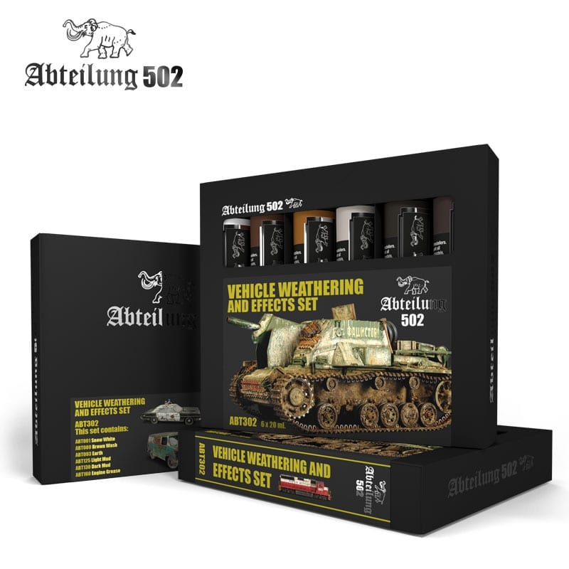 A stack of black "Abteilung 502 Vehicle Weathering and Effects Sets" boxes, one featuring a weathered tank model