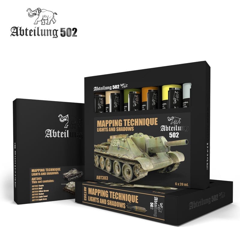 Abteilung 502 ABT303 Mapping Technique Lights and Shadows paint set featuring a tank model six 20ml bottles of acrylic paint and a detailed box design perfect for scale modeling and dioramas