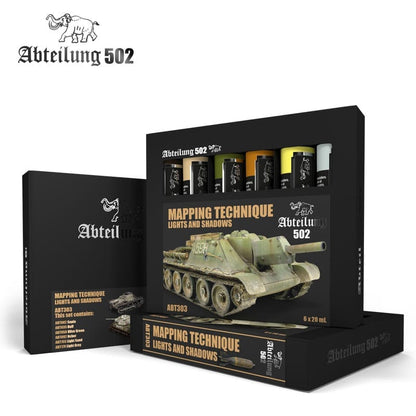 Abteilung 502 ABT303 Mapping Technique Lights and Shadows paint set featuring a tank model six 20ml bottles of acrylic paint and a detailed box design perfect for scale modeling and dioramas