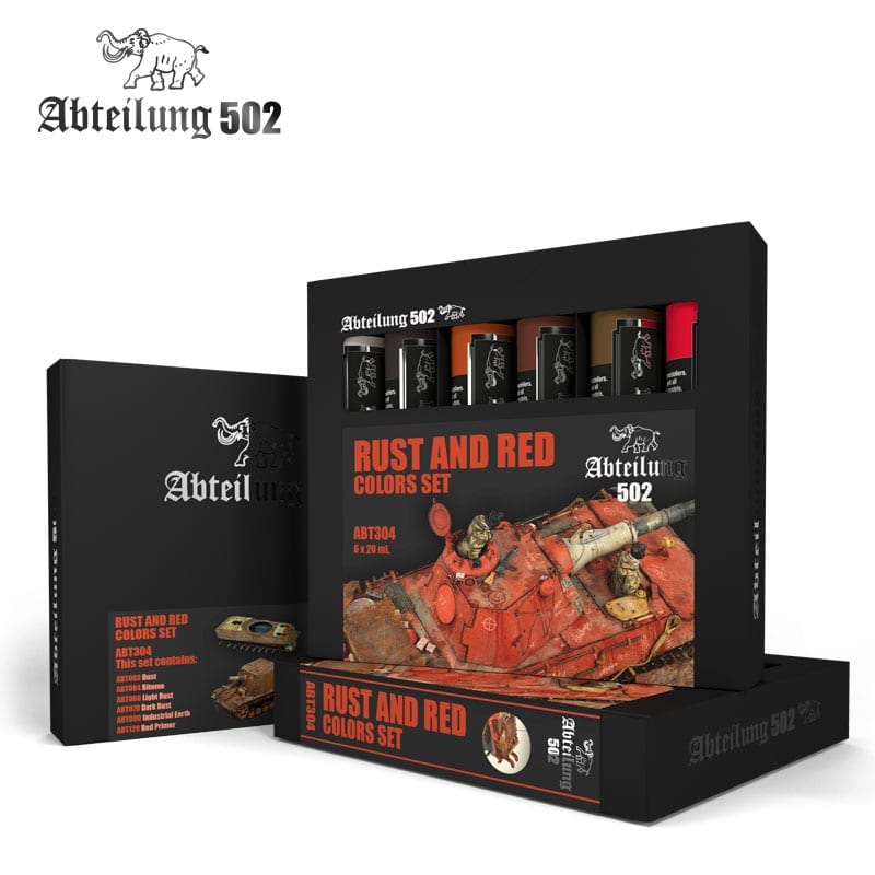 Abteilung 502 &#39;Rust and Red&#39; paint set: an open black box displays 6 colors and a detailed rusted model tank