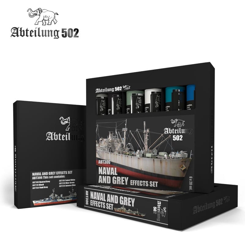 Abteilung 502 ABT306 Naval and Grey Effects Set for scale models featuring a box with six 20ml bottles of specialized paint and an image of a weathered ship model including colors like neutral grey black field grey faded white blue-green and intense blue
