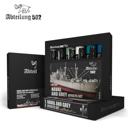 Abteilung 502 ABT306 Naval and Grey Effects Set for scale models featuring a box with six 20ml bottles of specialized paint and an image of a weathered ship model including colors like neutral grey black field grey faded white blue-green and intense blue
