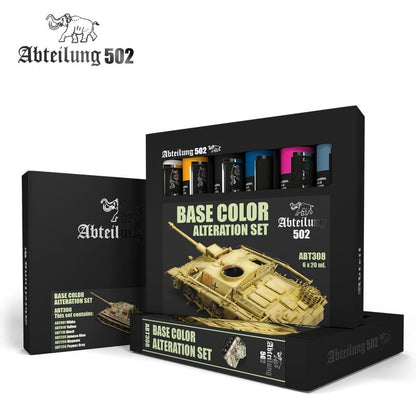 Abteilung 502 ABT308 Base Color Alteration Set for model painting featuring an olive-colored armored tank model on the black box showing six 20ml paint bottles and color swatches including white black yellow intense blue magenta and Paynes Grey