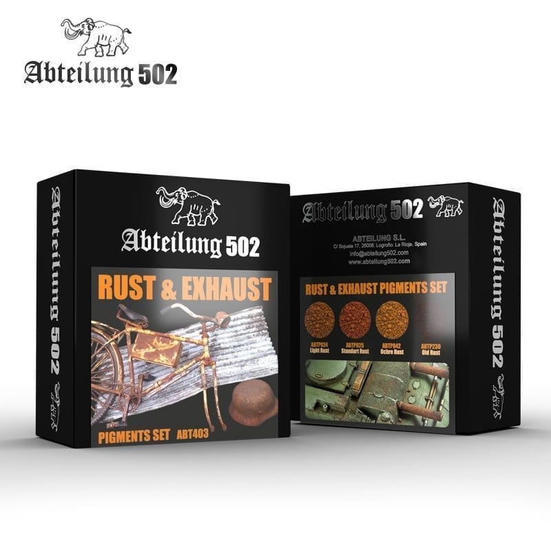 Abteilung 502 Rust & Exhaust Pigments Set packaging -  featuring examples of realistic rust effects