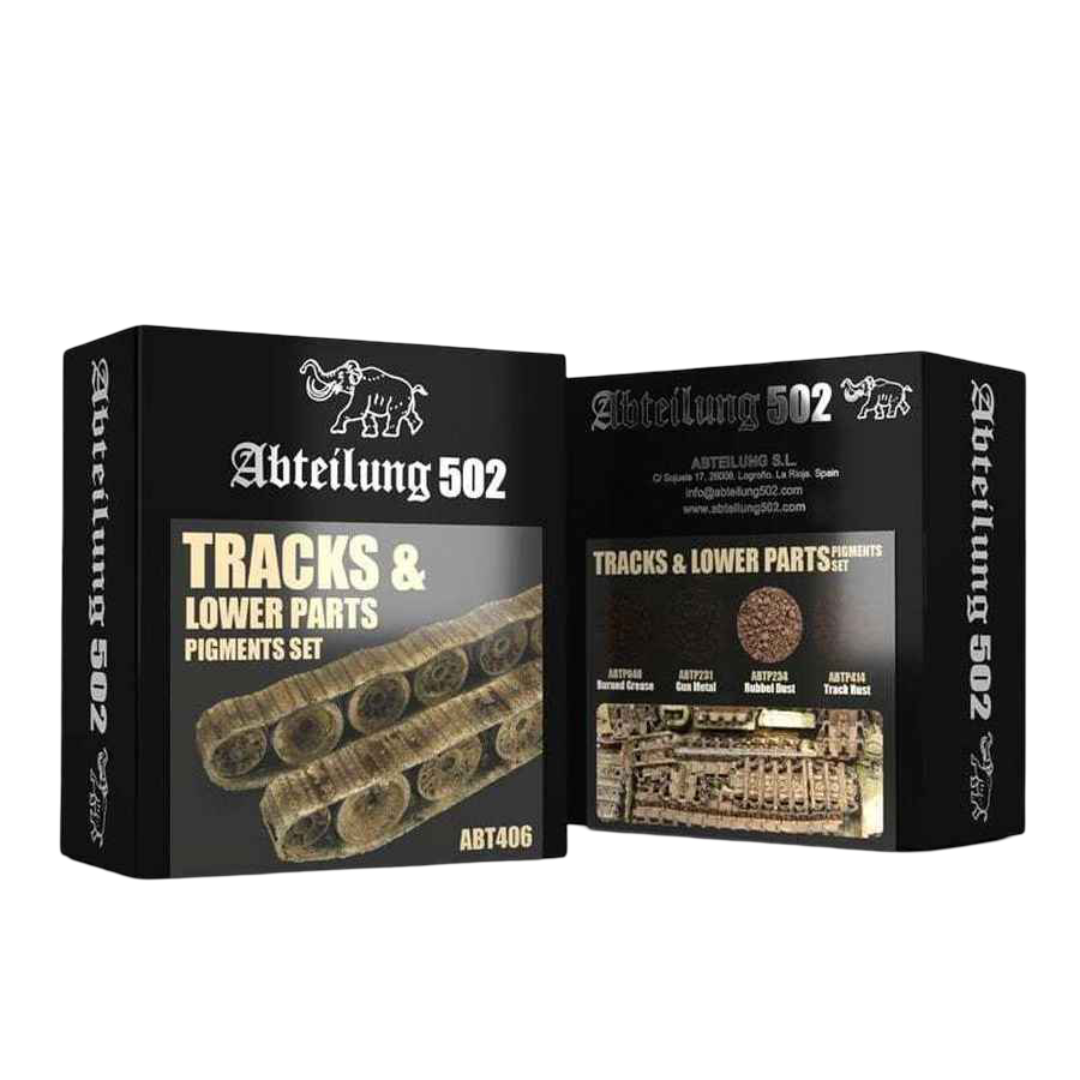 Two black Abteilung 502 pigment sets for model tank weathering, showing weathered tracks, lower parts, and color swatches