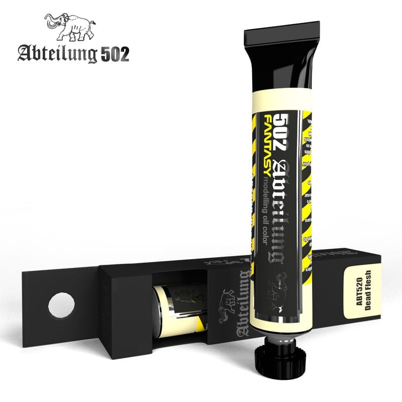 AK Interactive Abteilung 502 modelling oil paint 20ml tube displayed upright next to its open black product box revealing another tube inside featuring the brand's elephant logo