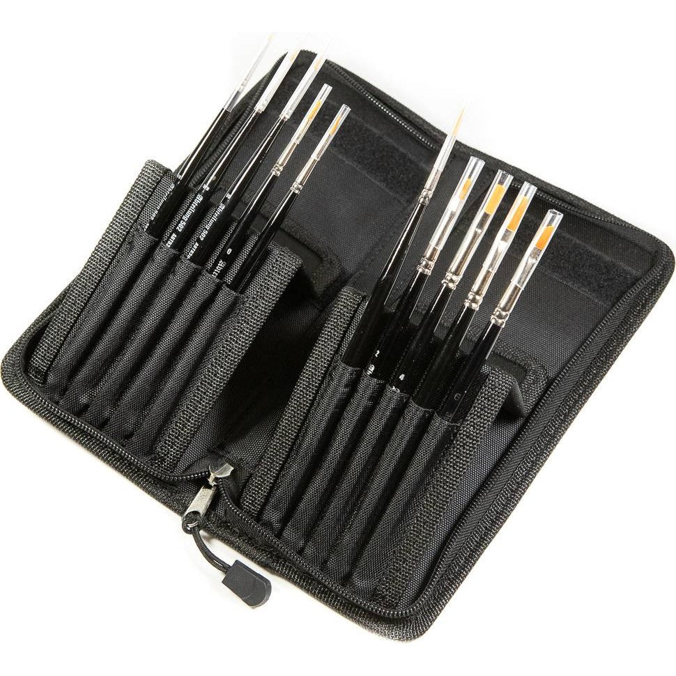 An open black zippered case displays a set of black-handled fine detail paintbrushes with clear caps