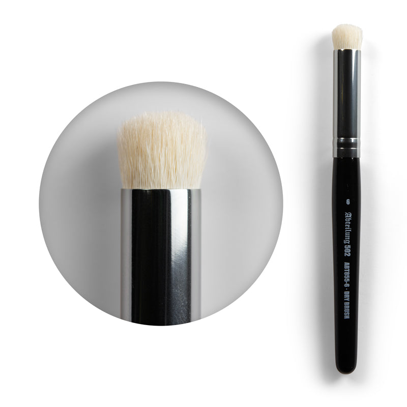A black-handled Ak Interactive Dry Brush with light bristles, featuring a magnified view of its tip