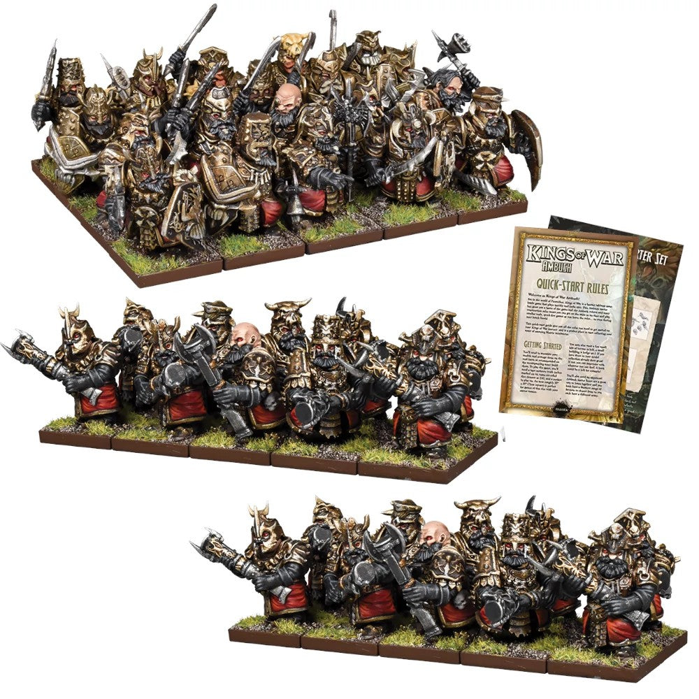 Armored dwarf wargame miniatures in gold and red, alongside a 'Kings of War Ambush' quick-start rulebook